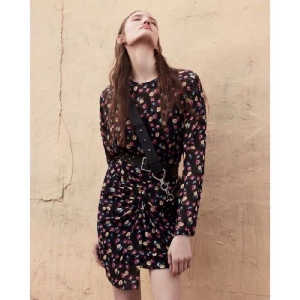 All Saints Allsaints Floral Rylie Kukio Shirred Long Sleeve Mini Dress EUC Sz 4 - Picture 2 of 12